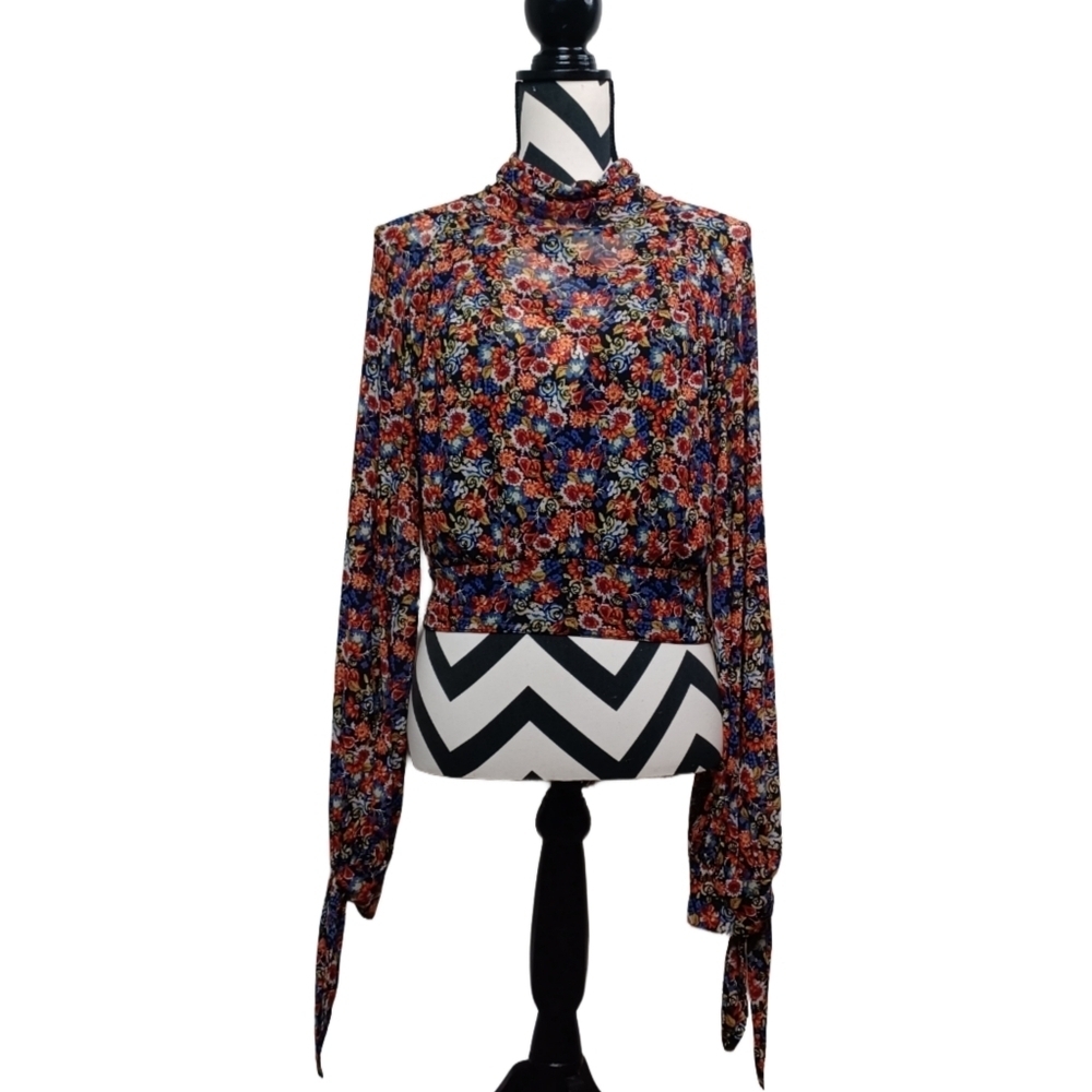 Free People All Dolled Up Sz S Boho Whimsigoth Dark Floral Mesh Blouse - Picture 2 of 14